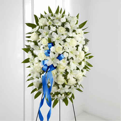 Exquisite Tribute Standing Spray-Blue Ribbon