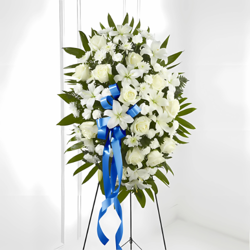 Exquisite Tribute Standing Spray-Blue Ribbon