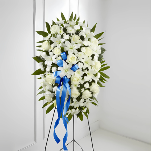Exquisite Tribute Standing Spray-Blue Ribbon